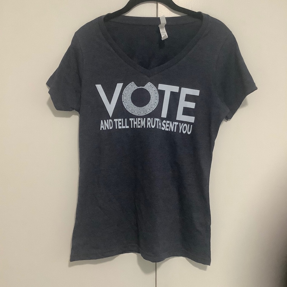 "Vote and Tell Them Ruth Sent You" Short Sleeve Dark Gray V-Neck Tee Sz S